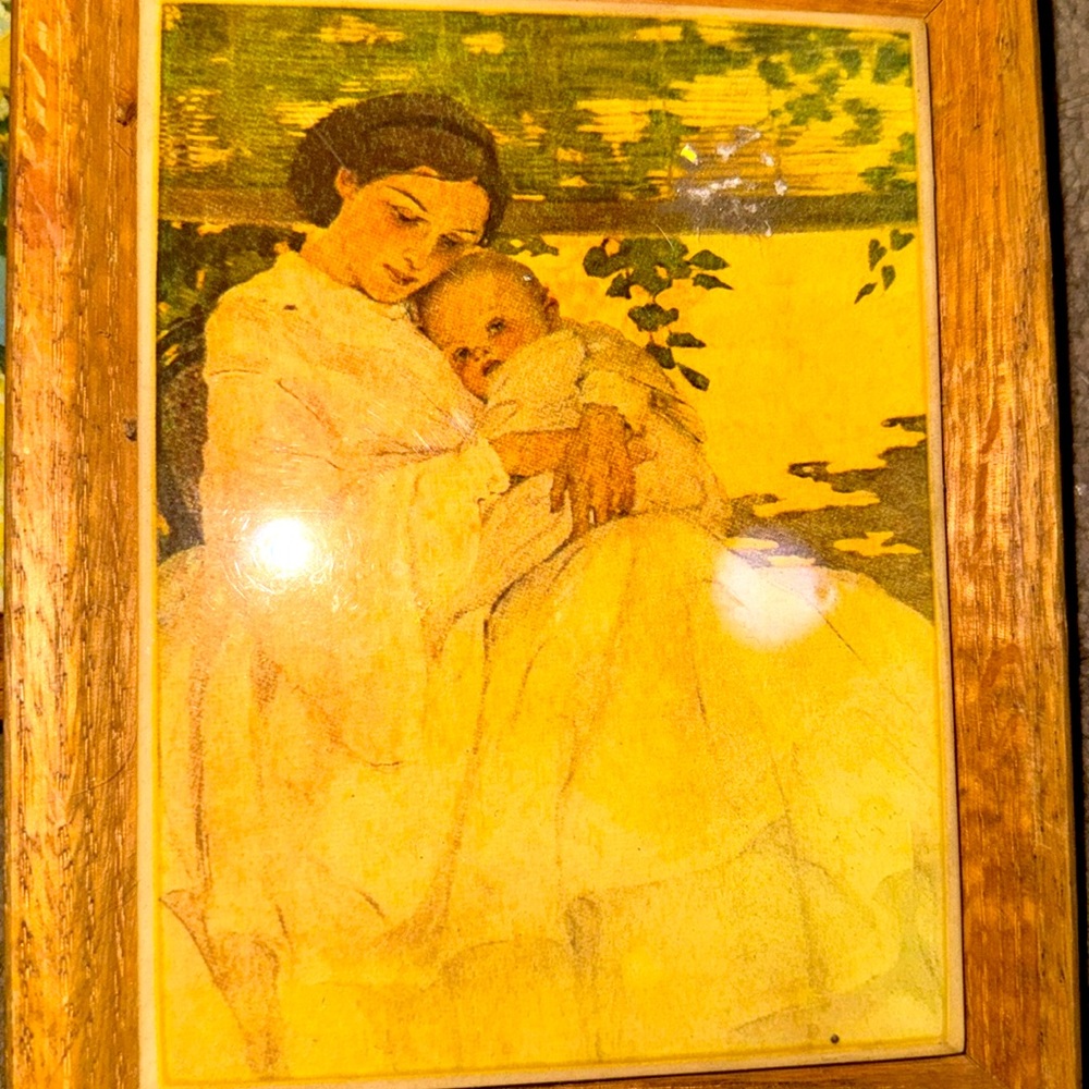 Vintage 1975 J. Willcox Smith Framed Ceramic Tile Title Infant in its Mother’s